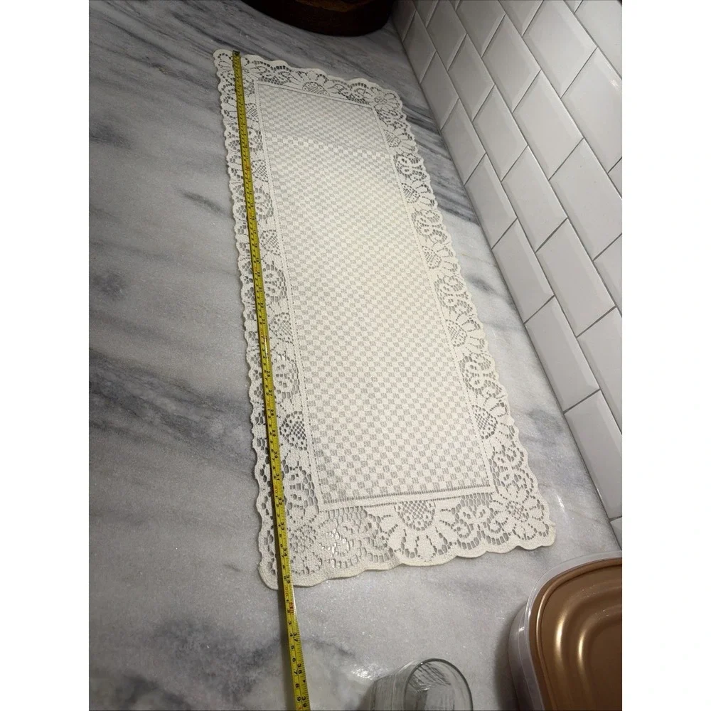 Cream Rectangle Floral Lace Table Runner Doily 35 X 14in Scallop Edge